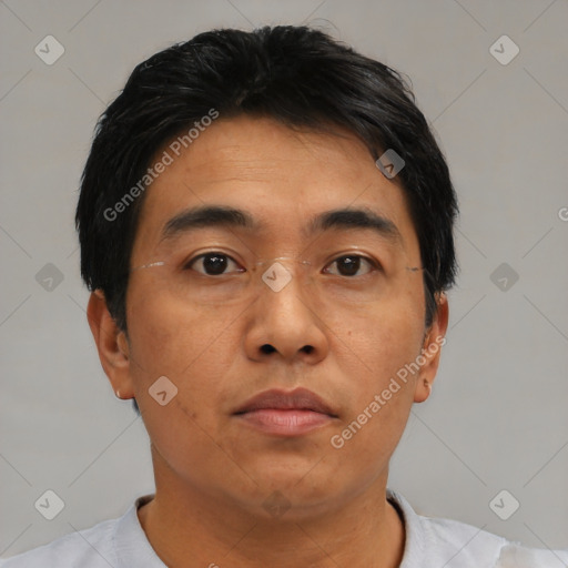 Neutral asian adult male with short  brown hair and brown eyes