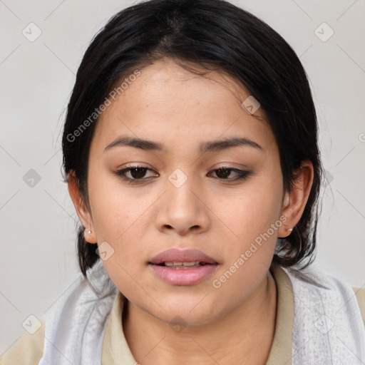 Neutral white young-adult female with medium  brown hair and brown eyes