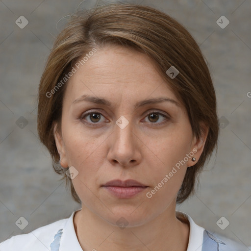 Neutral white young-adult female with medium  brown hair and brown eyes