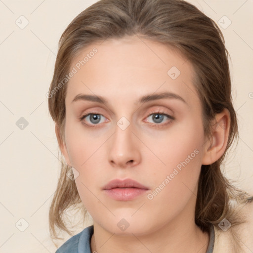 Neutral white young-adult female with medium  brown hair and grey eyes