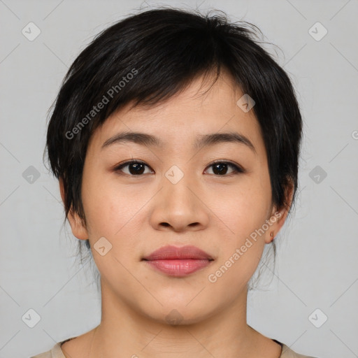 Joyful white young-adult female with medium  black hair and brown eyes