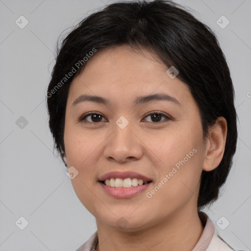 Joyful white young-adult female with medium  brown hair and brown eyes