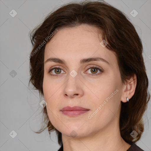 Neutral white young-adult female with medium  brown hair and green eyes