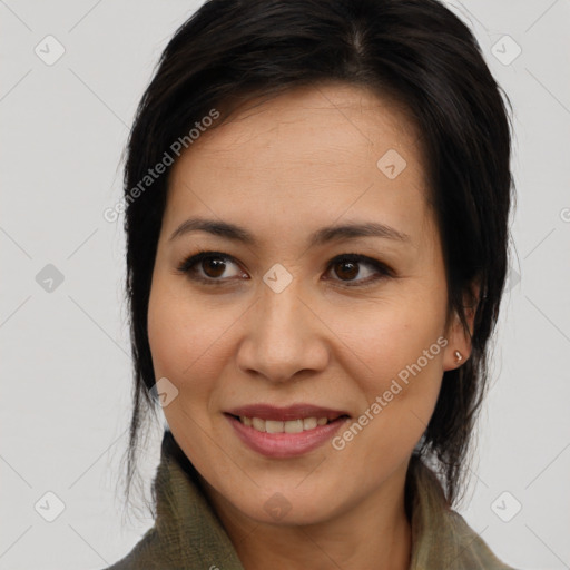 Joyful white young-adult female with medium  brown hair and brown eyes