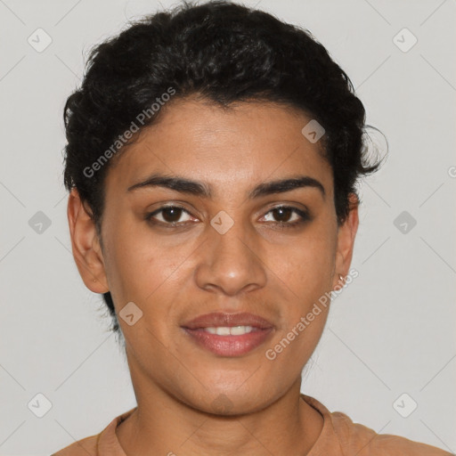 Joyful latino young-adult female with short  black hair and brown eyes