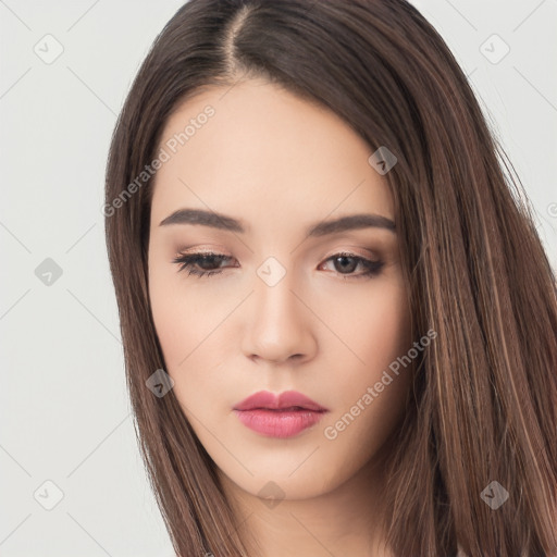 Neutral white young-adult female with long  brown hair and brown eyes