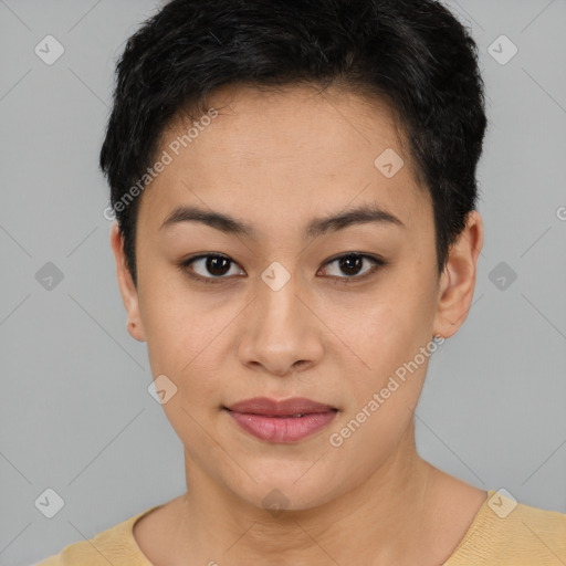 Joyful asian young-adult female with short  brown hair and brown eyes