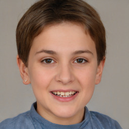 Joyful white child female with short  brown hair and brown eyes