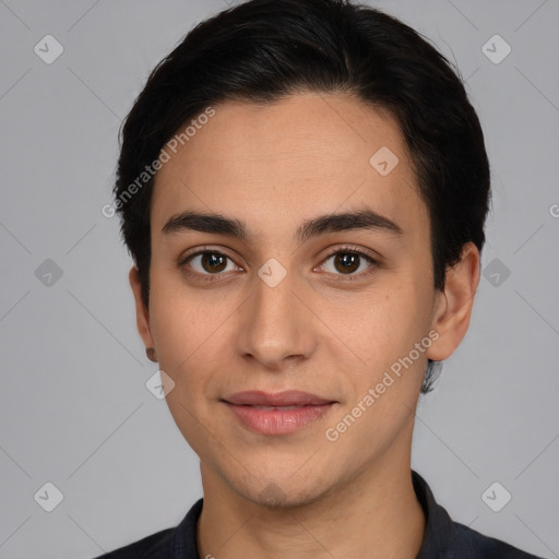 Joyful white young-adult male with short  black hair and brown eyes