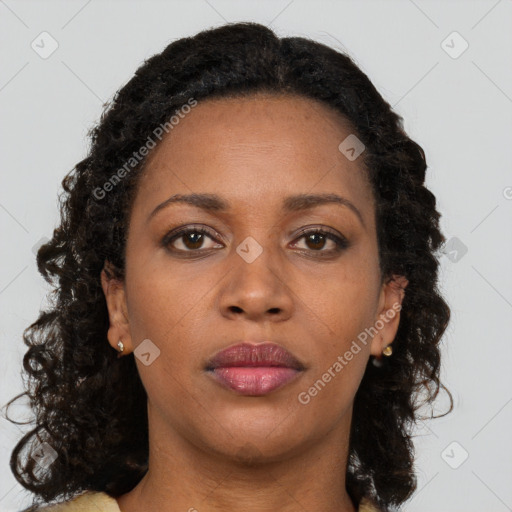 Neutral black young-adult female with long  brown hair and brown eyes