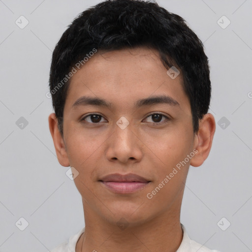 Neutral asian young-adult male with short  black hair and brown eyes