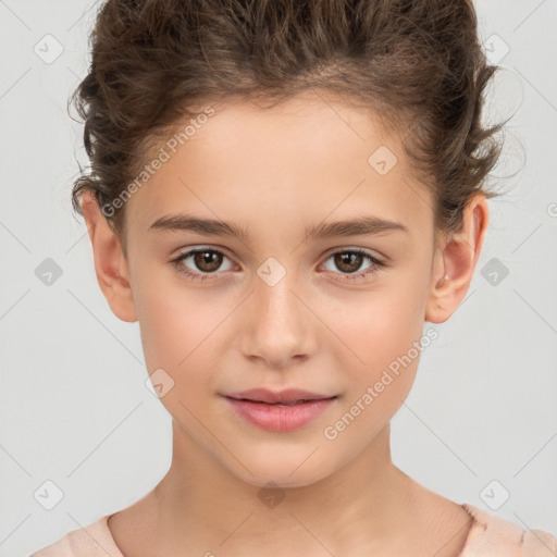 Joyful white child female with short  brown hair and brown eyes