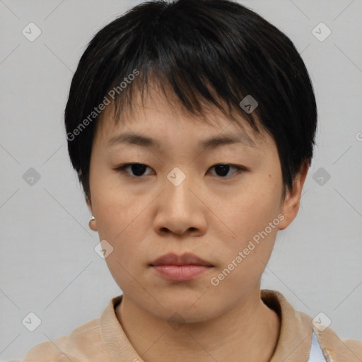 Neutral asian young-adult female with short  black hair and brown eyes