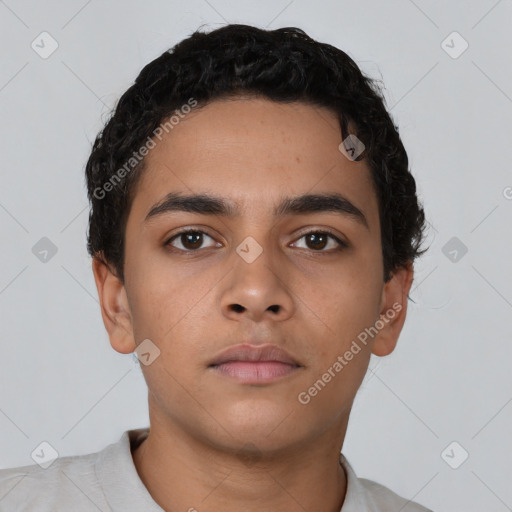 Neutral latino young-adult male with short  brown hair and brown eyes