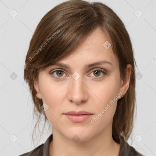 Neutral white young-adult female with medium  brown hair and grey eyes