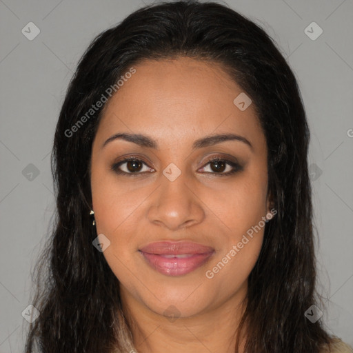 Joyful black young-adult female with long  brown hair and brown eyes