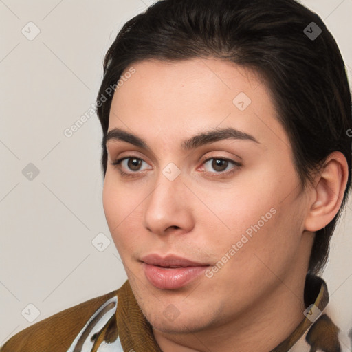 Neutral white young-adult female with medium  brown hair and brown eyes