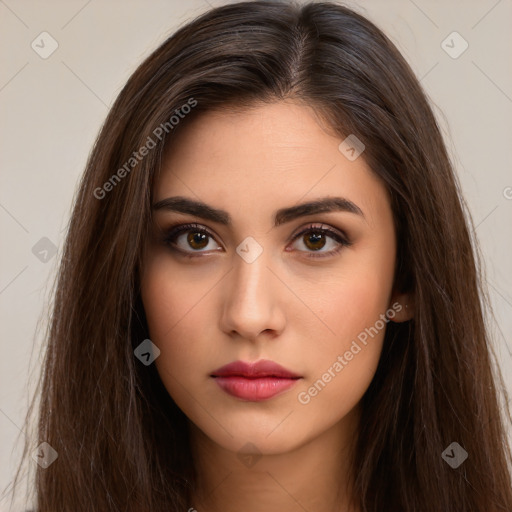 Neutral white young-adult female with long  brown hair and brown eyes