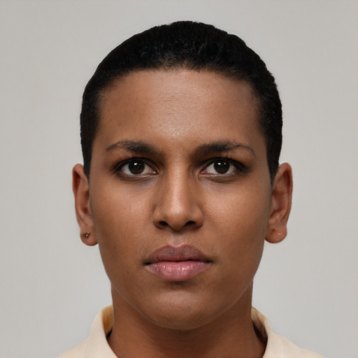 Neutral latino young-adult female with short  black hair and brown eyes