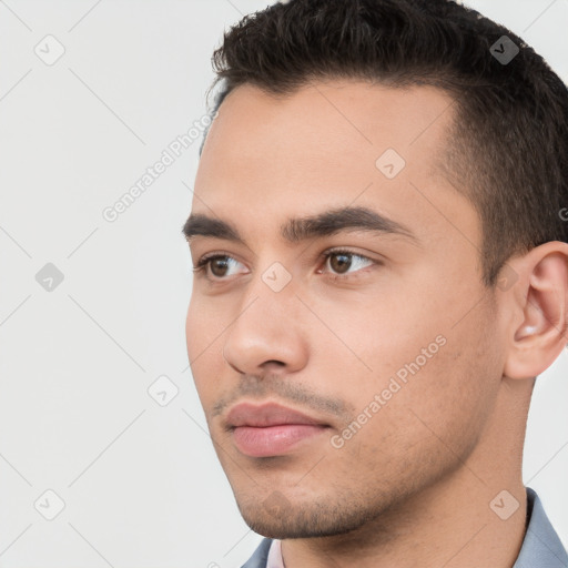 Neutral white young-adult male with short  brown hair and brown eyes