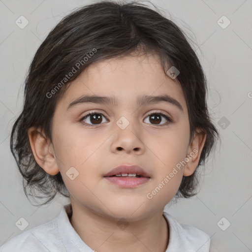 Joyful white child female with medium  brown hair and brown eyes