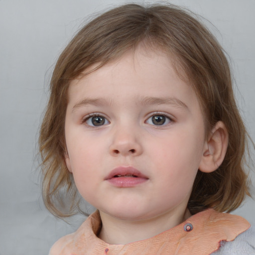 Neutral white child female with medium  brown hair and blue eyes