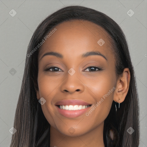 Joyful latino young-adult female with long  brown hair and brown eyes