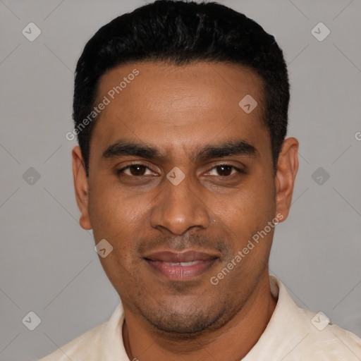 Joyful latino young-adult male with short  black hair and brown eyes