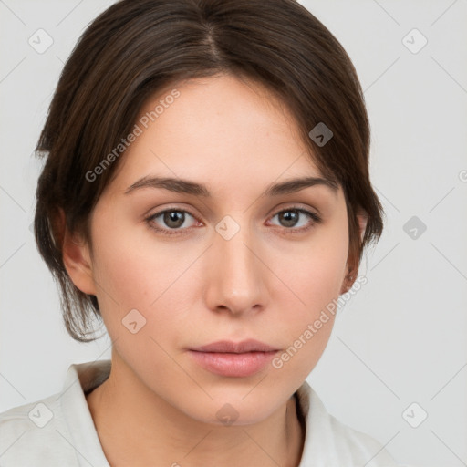 Neutral white young-adult female with medium  brown hair and brown eyes