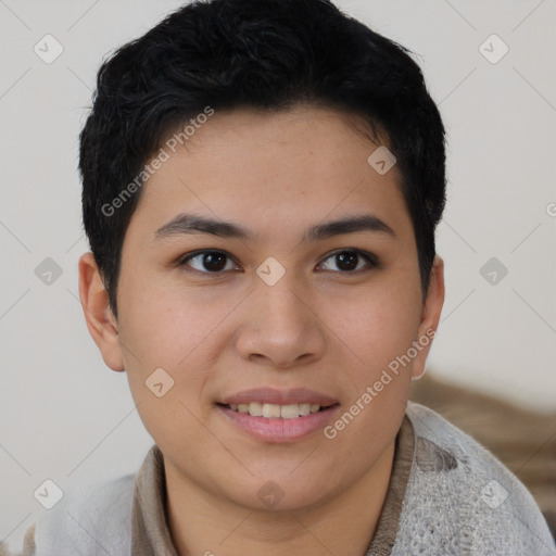 Joyful asian young-adult female with short  brown hair and brown eyes