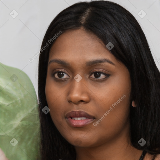 Neutral asian young-adult female with long  black hair and brown eyes