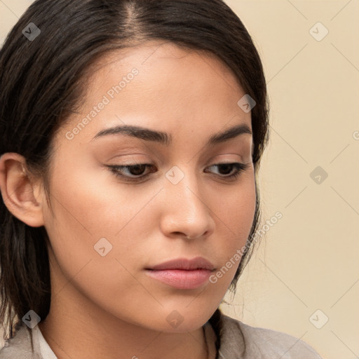 Neutral white young-adult female with medium  brown hair and brown eyes