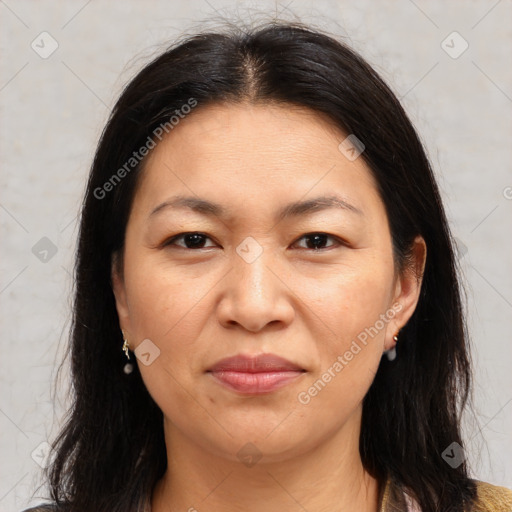 Joyful white adult female with medium  brown hair and brown eyes