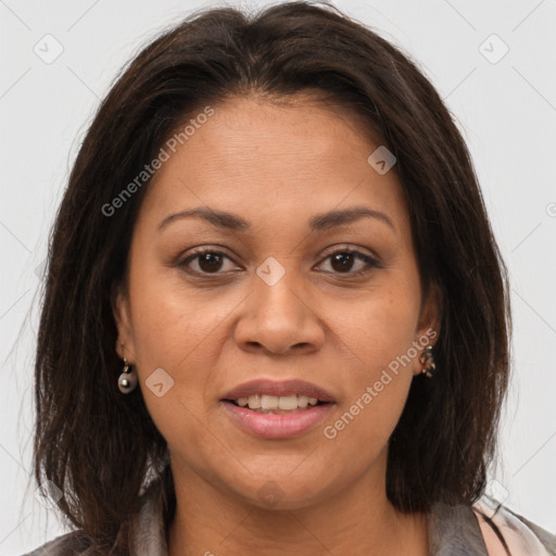 Joyful white adult female with medium  brown hair and brown eyes