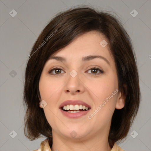 Joyful white young-adult female with medium  brown hair and brown eyes