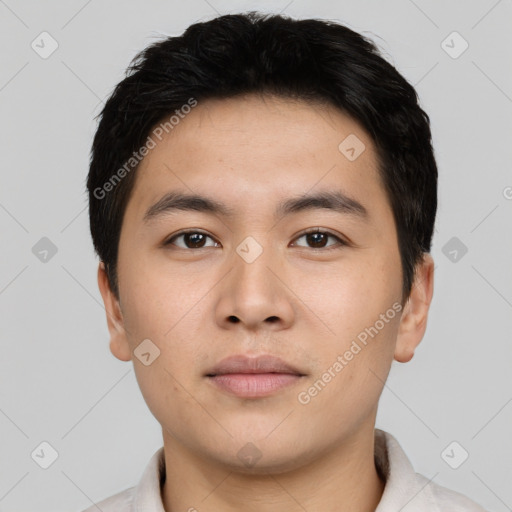 Neutral asian young-adult male with short  black hair and brown eyes