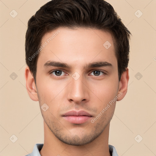 Neutral white young-adult male with short  brown hair and brown eyes