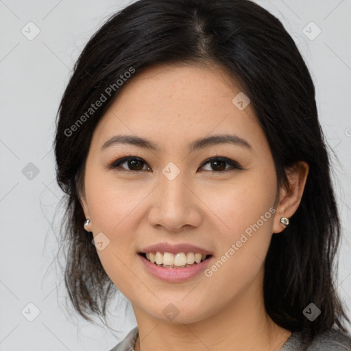 Joyful white young-adult female with medium  brown hair and brown eyes