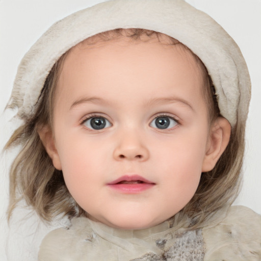 Neutral white child female with medium  brown hair and blue eyes