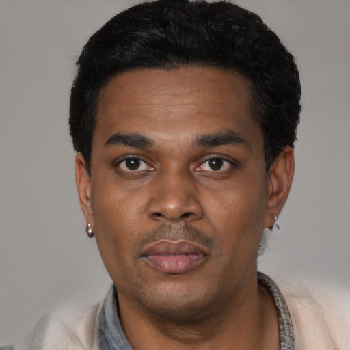 Neutral black young-adult male with short  black hair and brown eyes