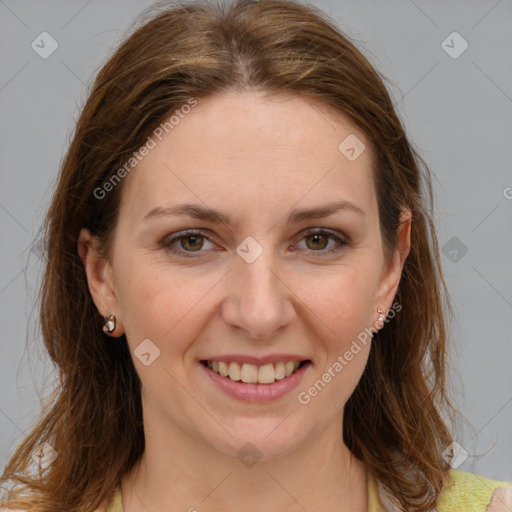 Joyful white young-adult female with medium  brown hair and green eyes