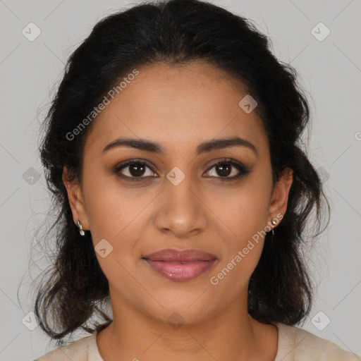 Joyful latino young-adult female with medium  brown hair and brown eyes