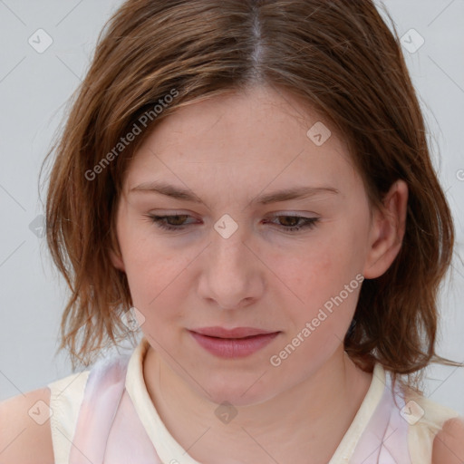 Joyful white child female with medium  brown hair and brown eyes