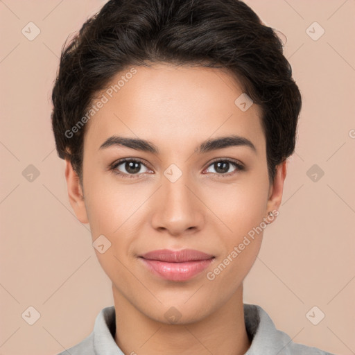 Joyful white young-adult female with short  brown hair and brown eyes