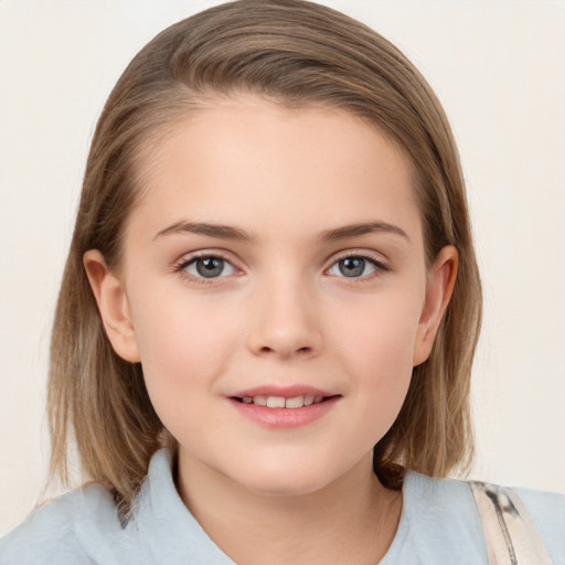 Joyful white child female with medium  brown hair and brown eyes