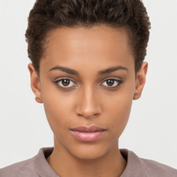 Neutral white young-adult female with short  brown hair and brown eyes