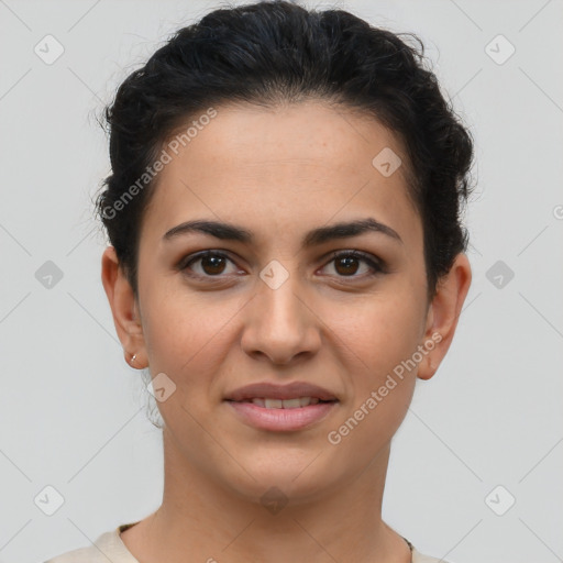 Joyful latino young-adult female with short  brown hair and brown eyes