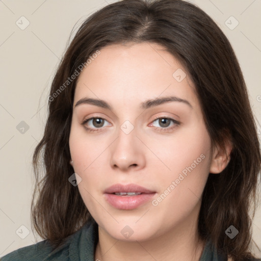 Neutral white young-adult female with medium  brown hair and brown eyes