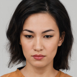 Neutral asian young-adult female with medium  brown hair and brown eyes