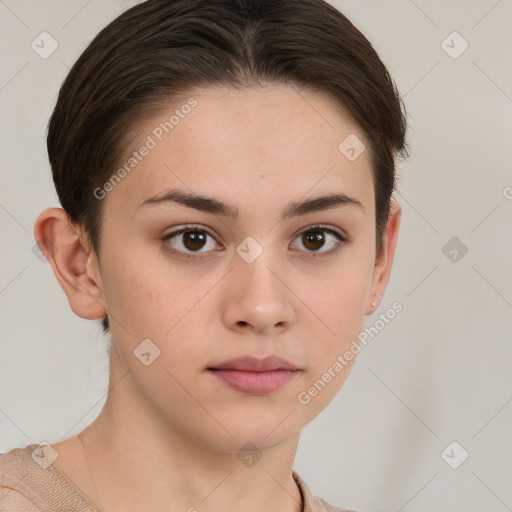 Neutral white young-adult female with short  brown hair and brown eyes